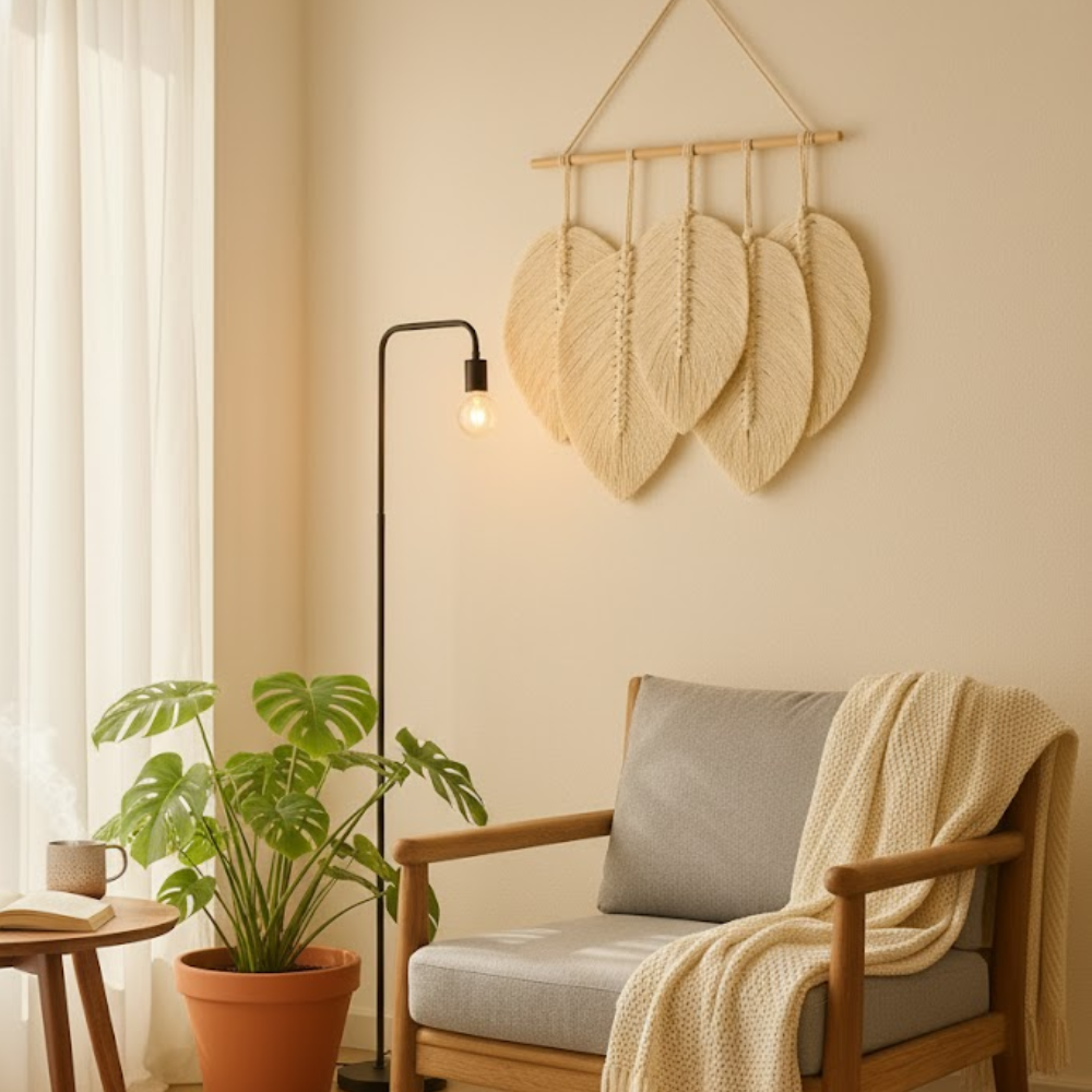 Small macrame leaf wall hanging styled in a reading nook