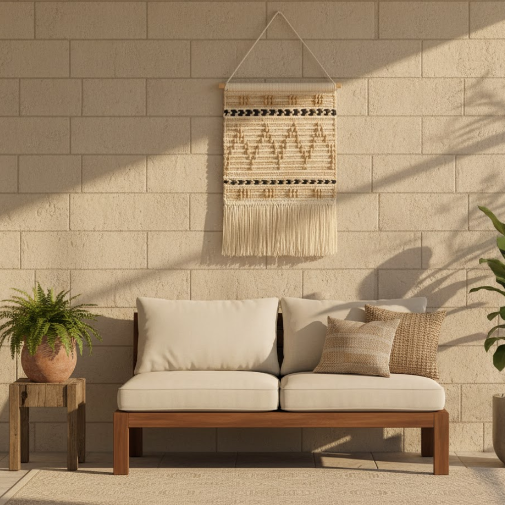 Sandy chevron wall hanging shown at an angle