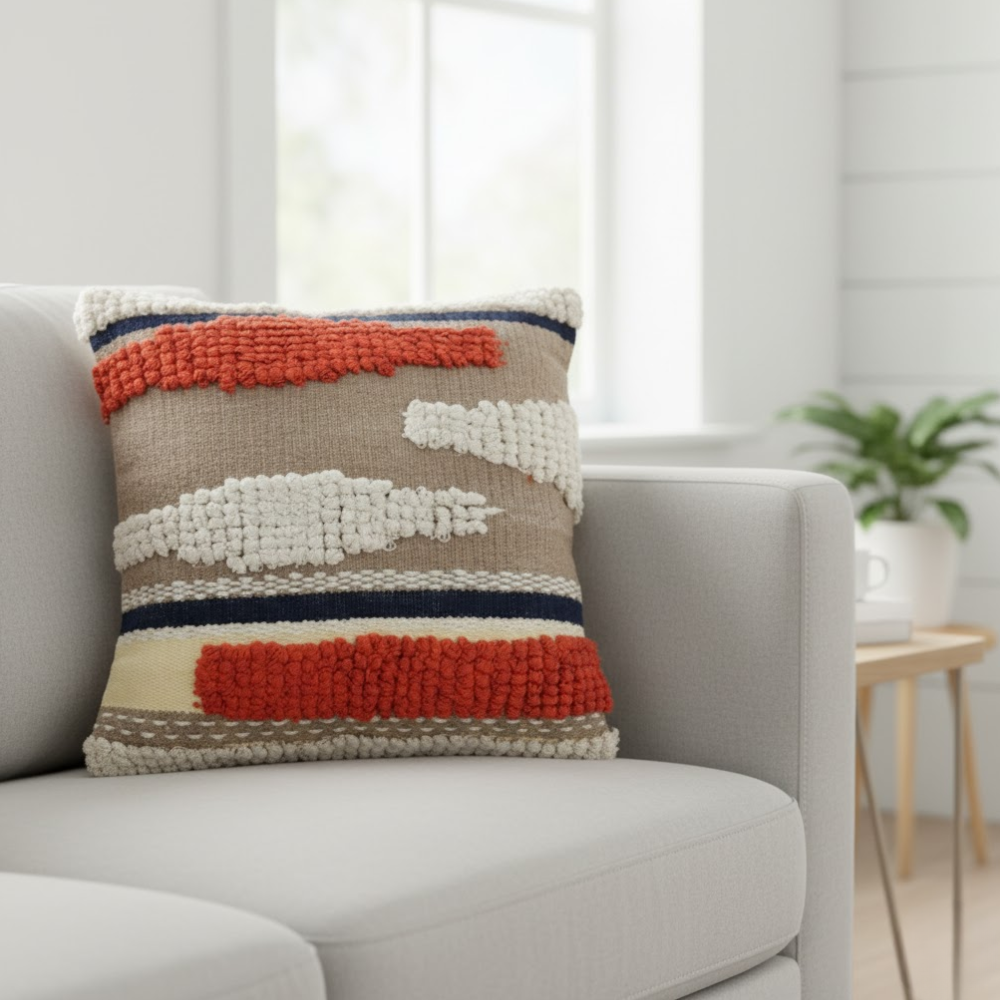 Woven tufted cushion cover styled on a sofa