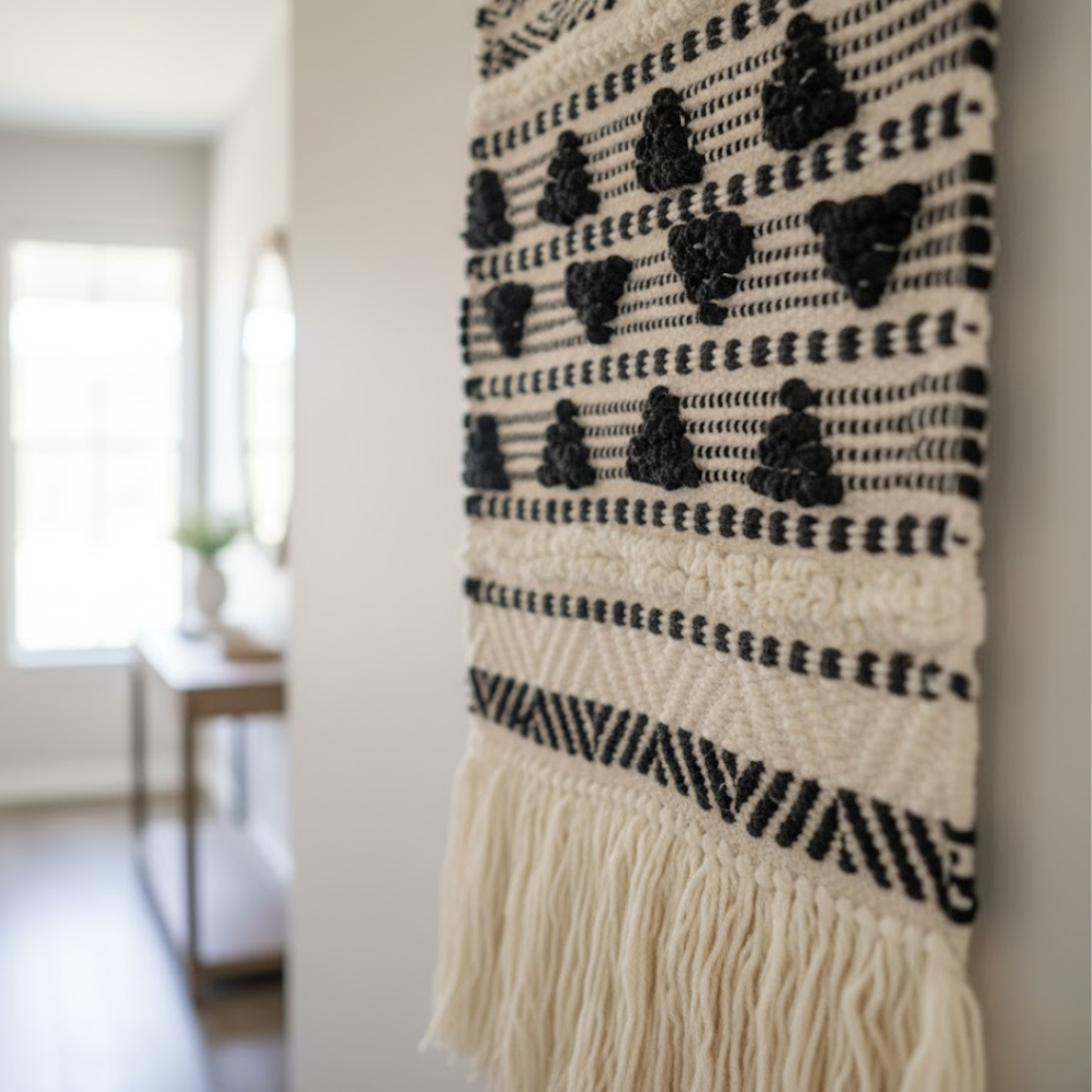 Textured wool and cotton wall hanging close-up of texture