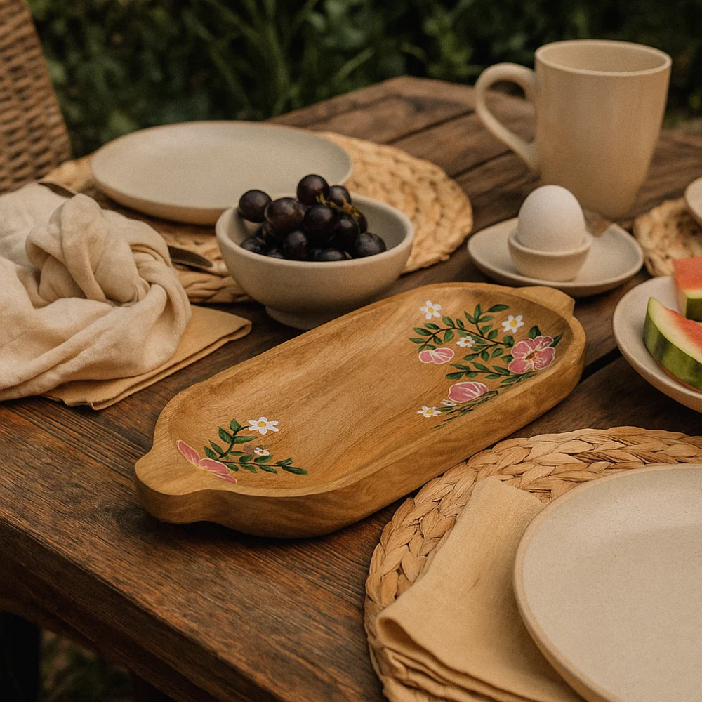 Elongated wood platter side view