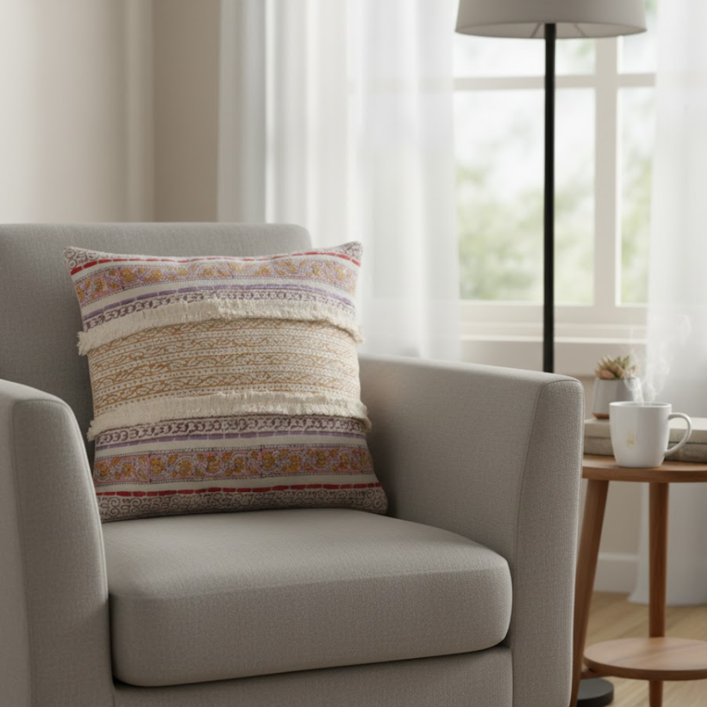 Block printed striped cushion cover detail of embroidery