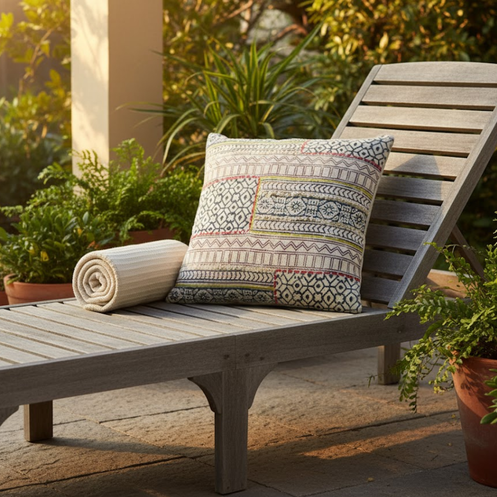 Block printed geometric cushion cover at an angle