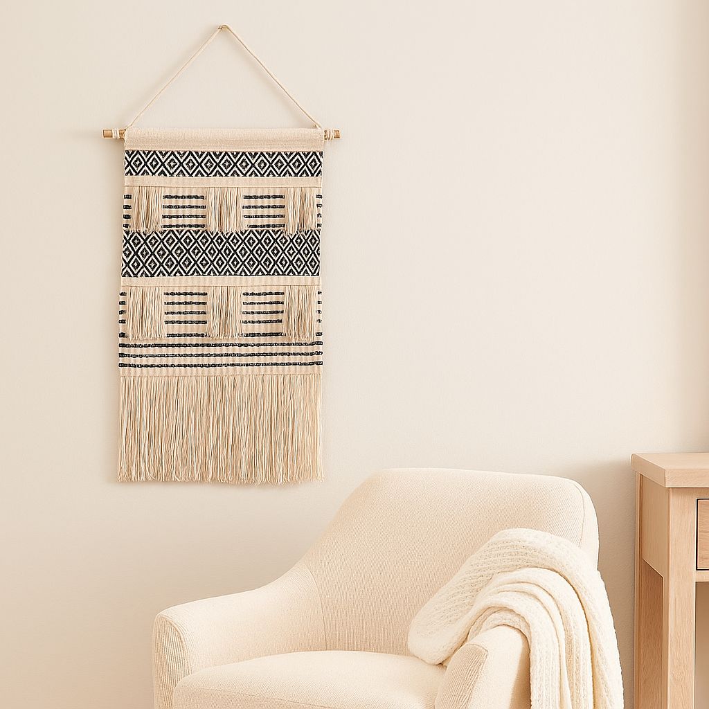 Small geometric cotton fringe wall hanging close-up of woven motif