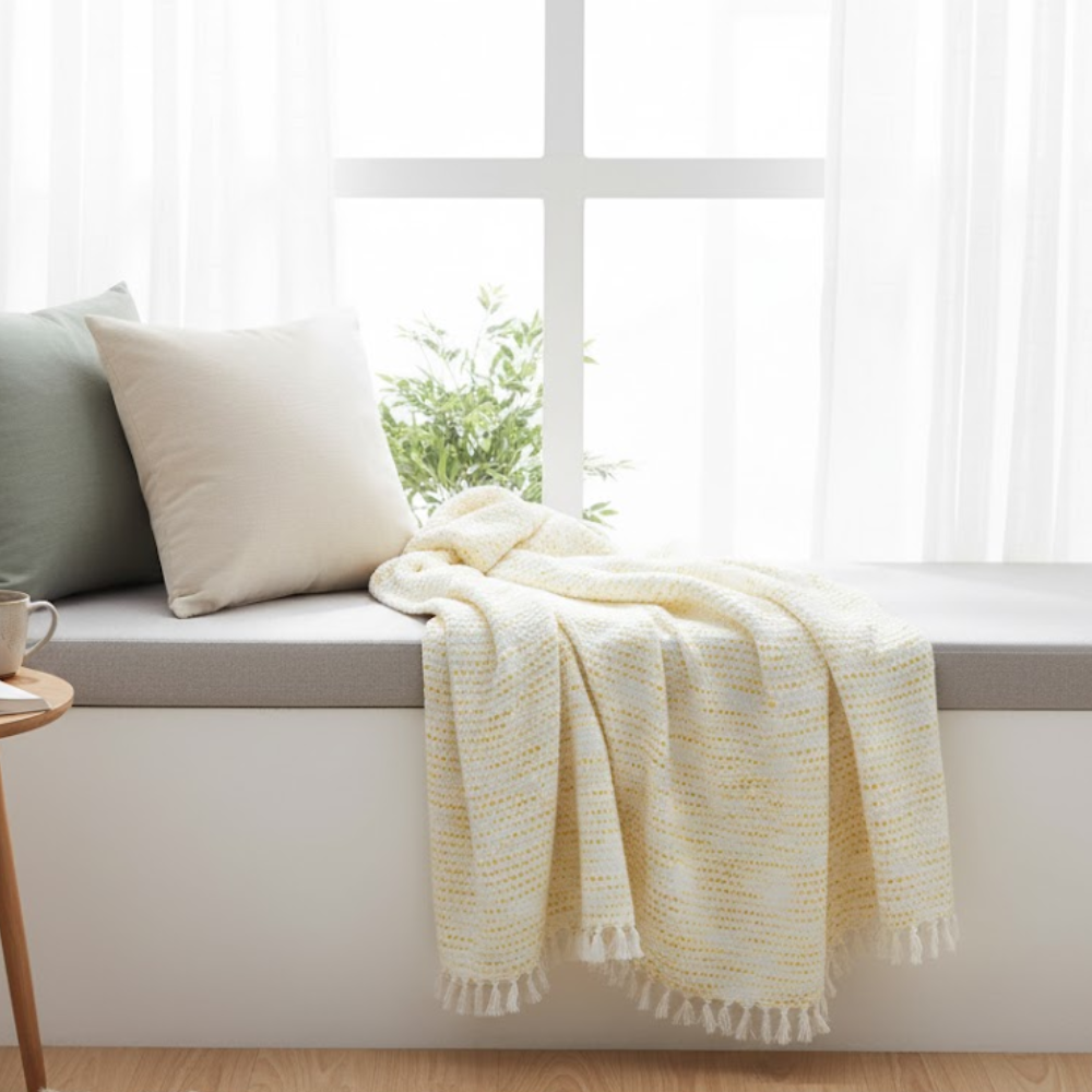 Textured throw blanket tasseled border detail