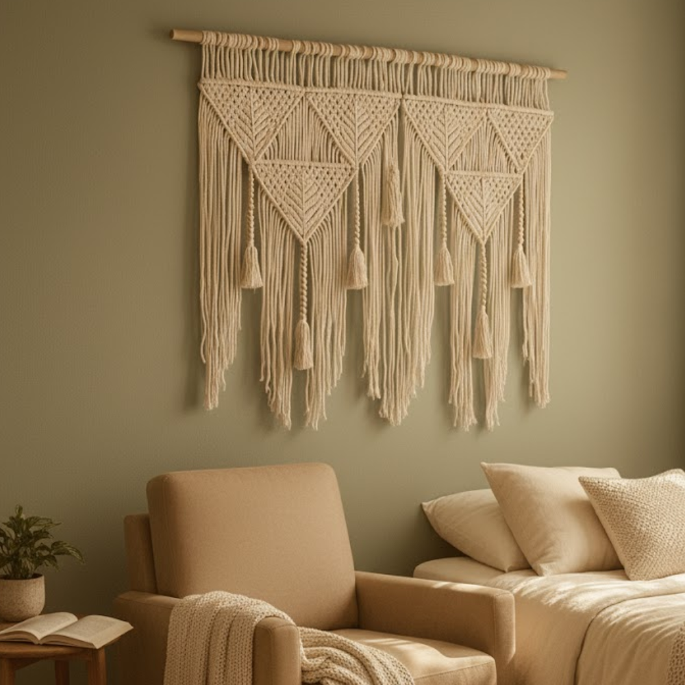 Large macrame leaf wall hanging front view of statement size