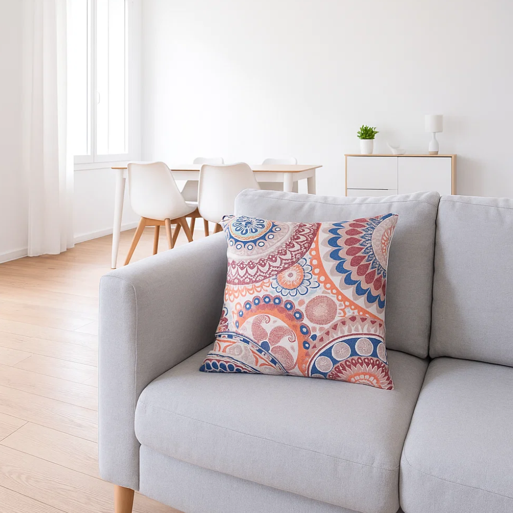 Polyester cushion cover close-up of printed design