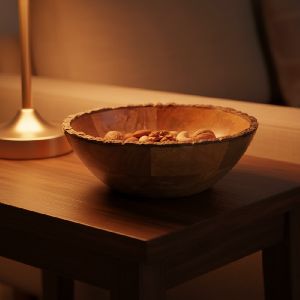 Wooden snack bowl at an angle