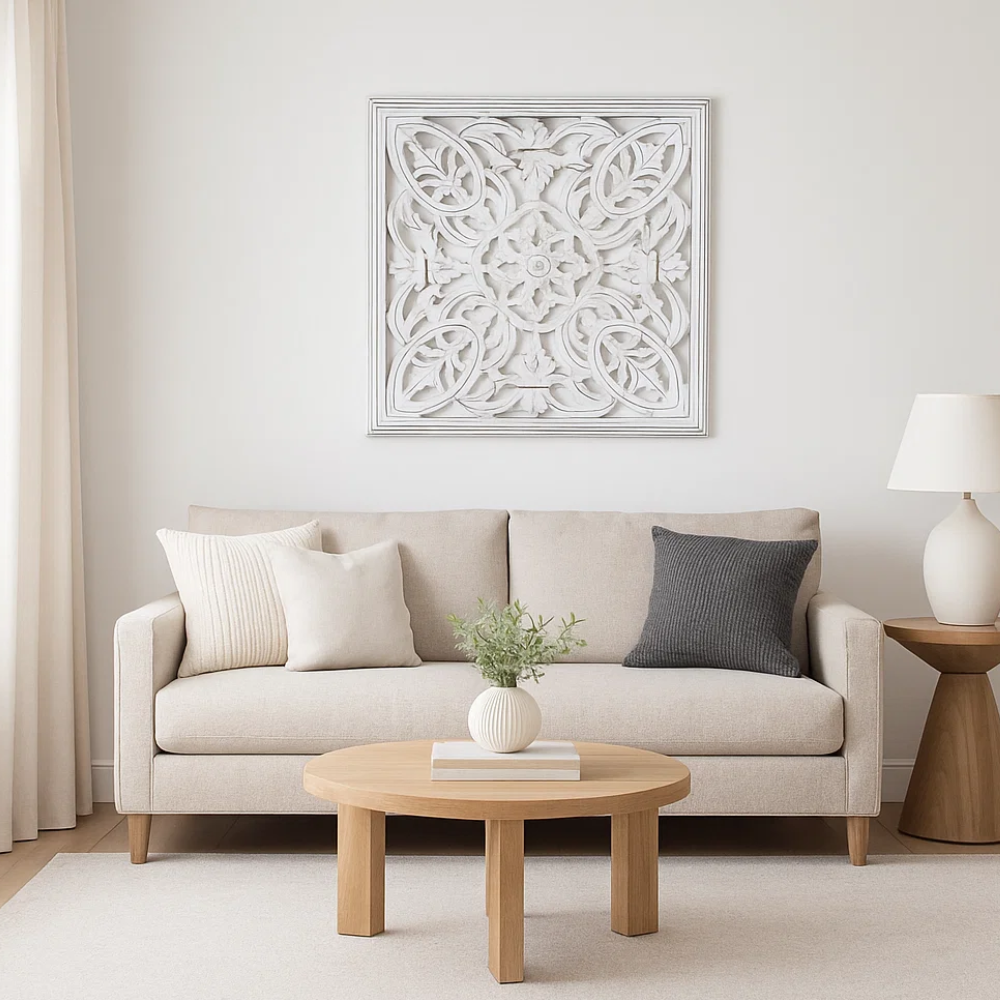 White distressed wall plaque shown at an angle