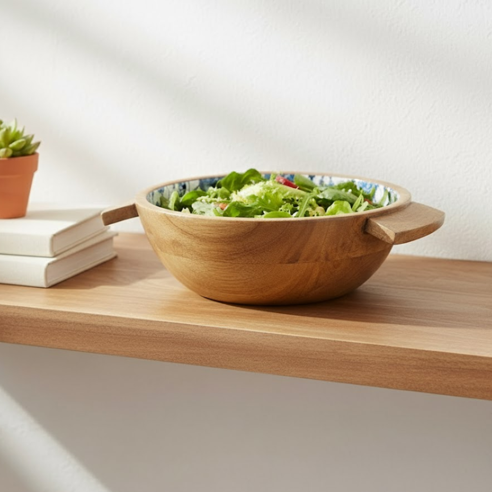 Wooden salad bowl server with salad