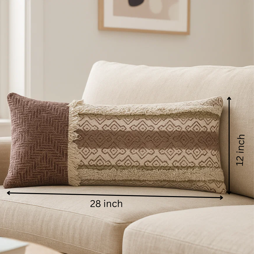 Block printed tufted lumbar cushion cover styled on a sofa