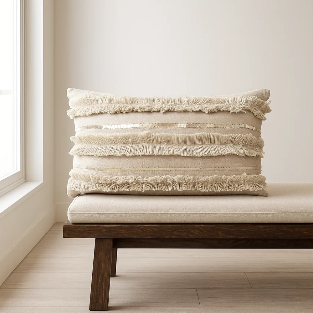 Sequin fringe cushion angled view