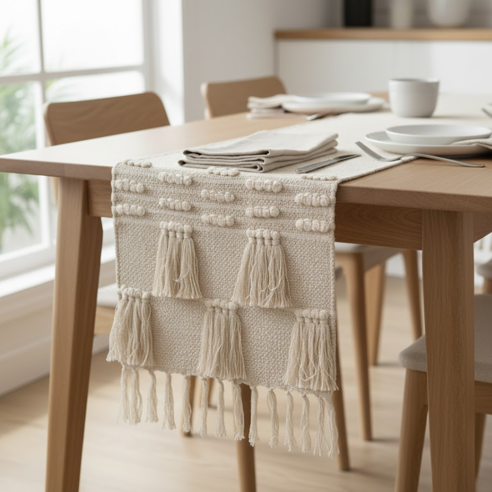 Beige cotton table runner close-up of weave