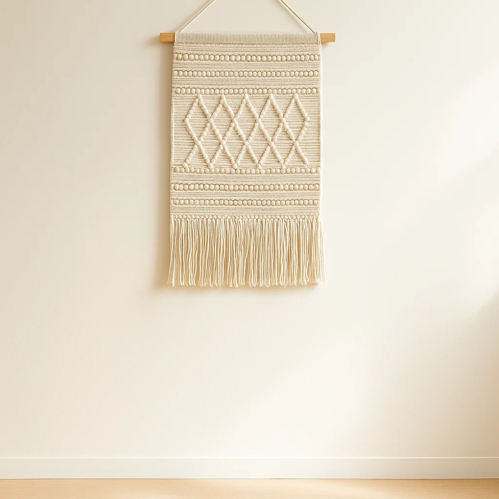 Cream wool and cotton wall hanging close-up of woven blend