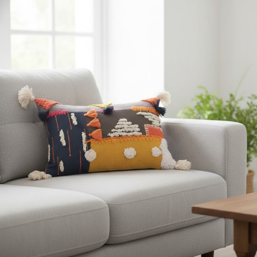 Grey embroidered lumbar cushion cover close-up of embroidery