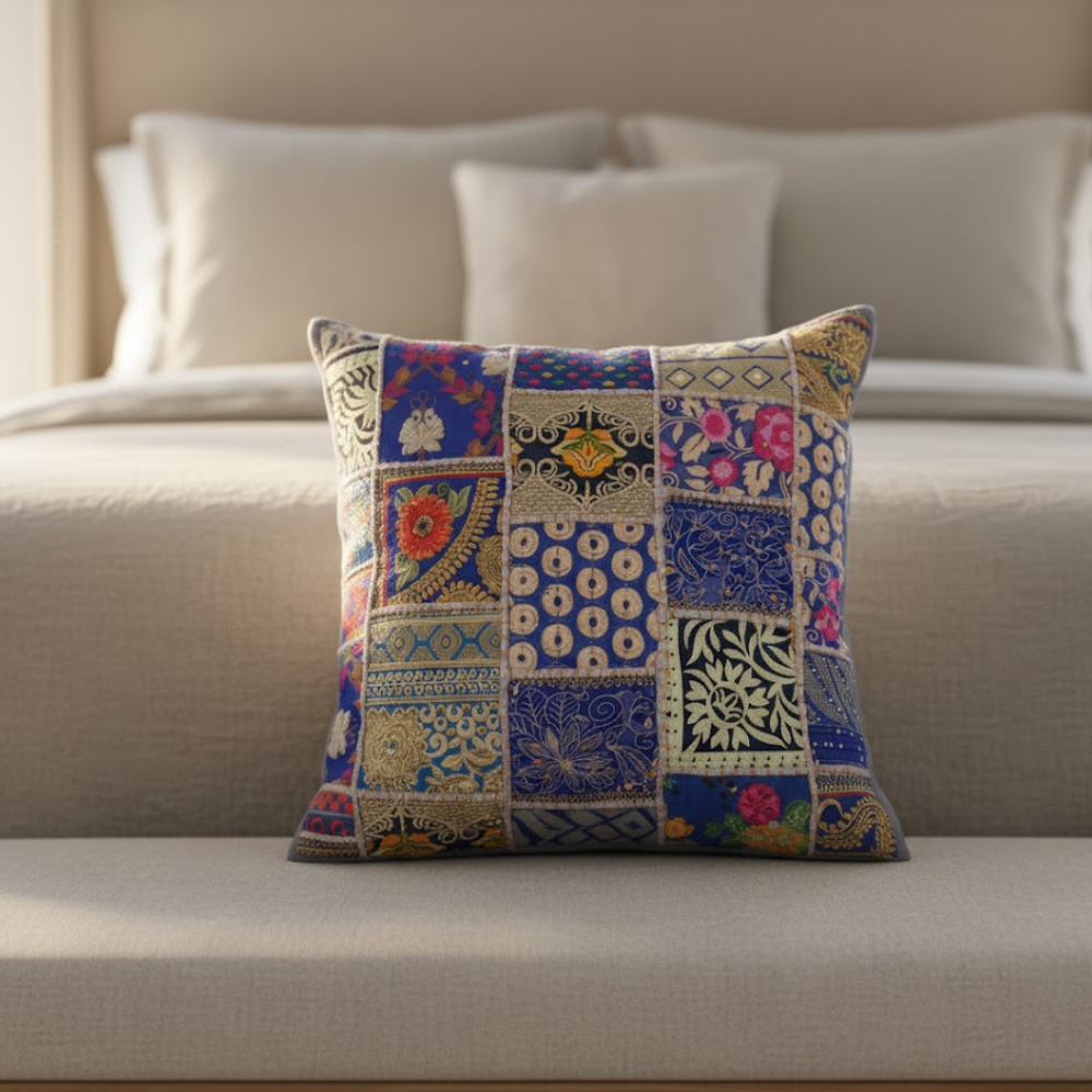 Upcycled embroidered cushion cover at an angle