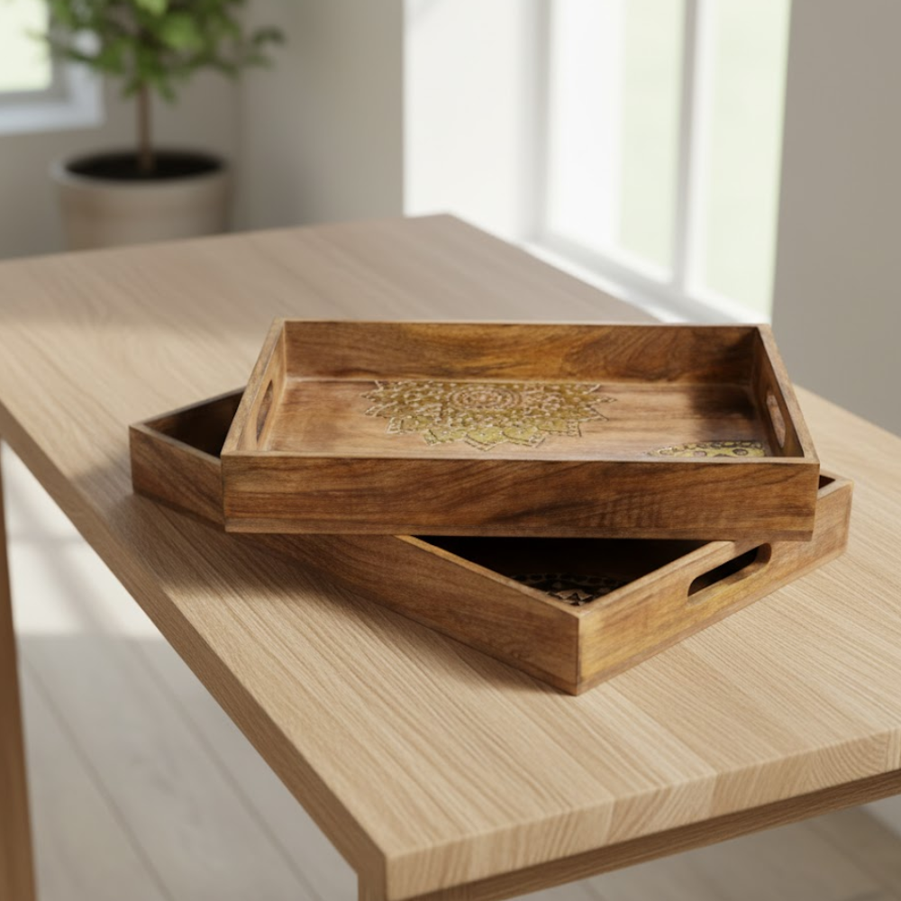 Wooden serving trays set close-up of grain