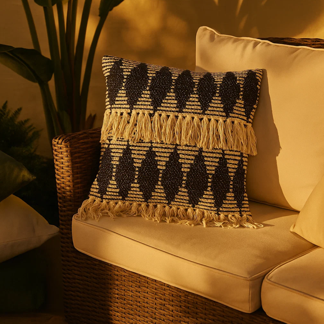 Textured tassel cushion cover close-up of raised texture