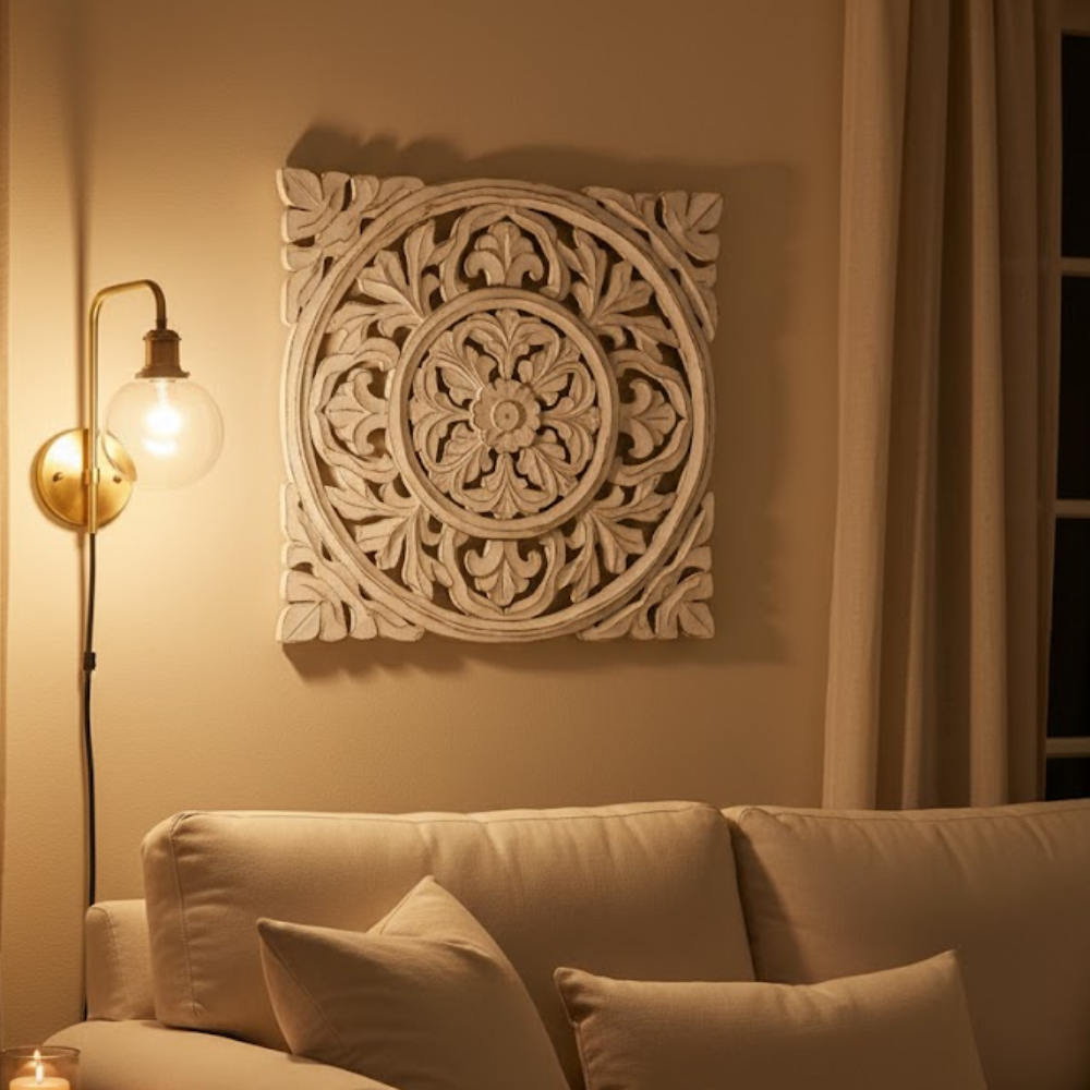Ivory wall medallion shown front-on against a painted wall