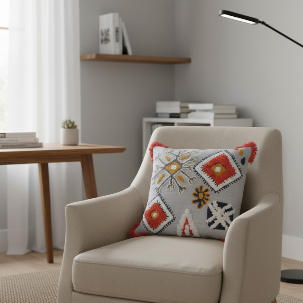 Fringed embroidered cushion cover styled on a sofa