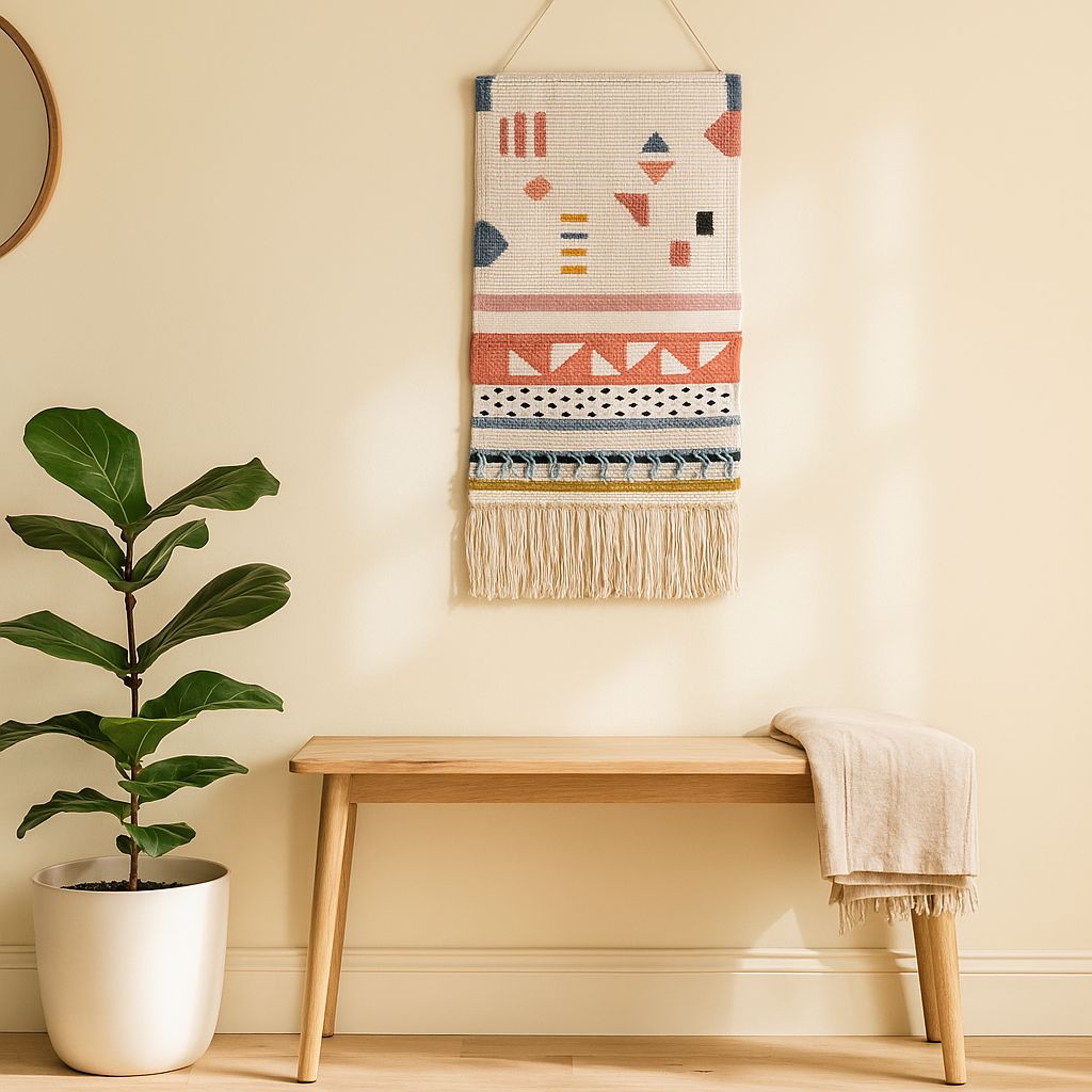 Large tufted wool wall hanging close-up of abstract shapes