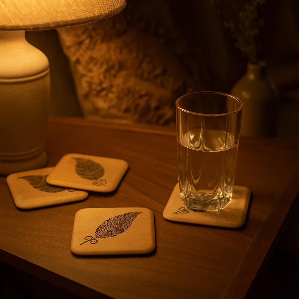 Feather wooden coasters close-up of feather print