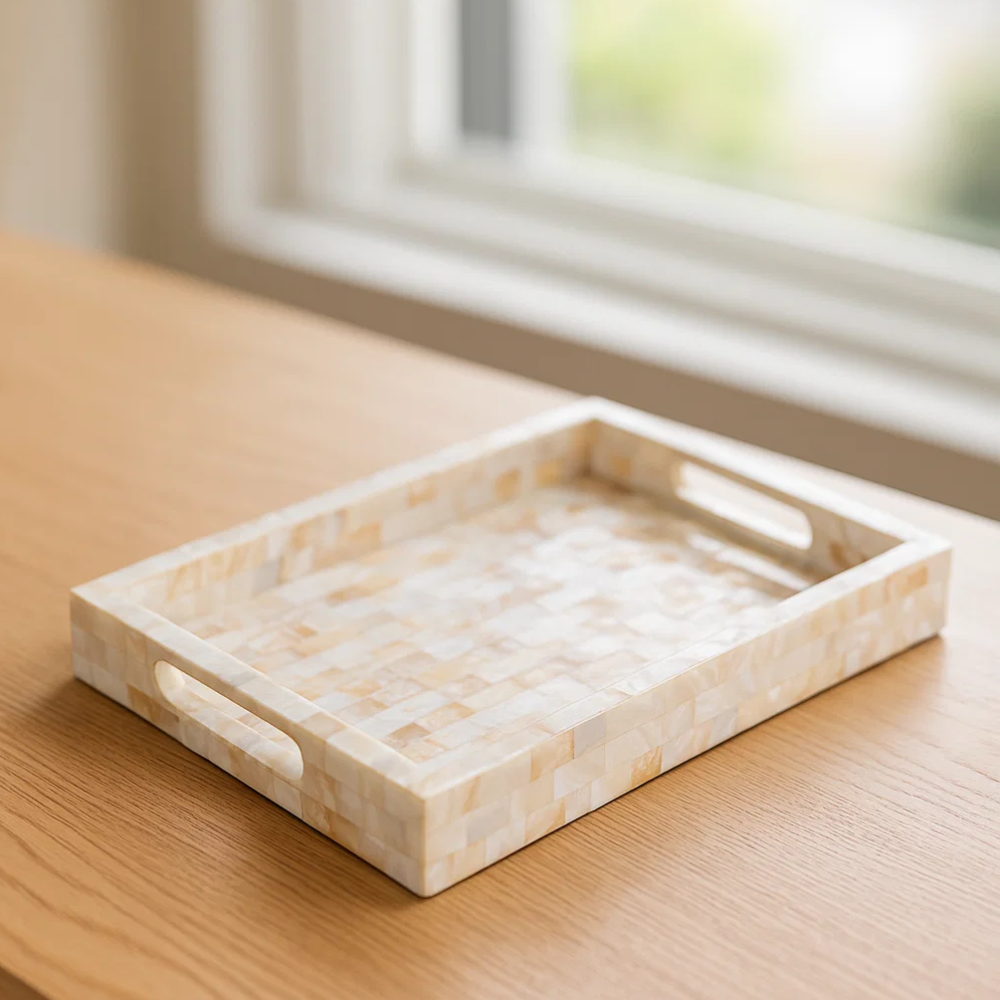 Mother of pearl tray styled on a table