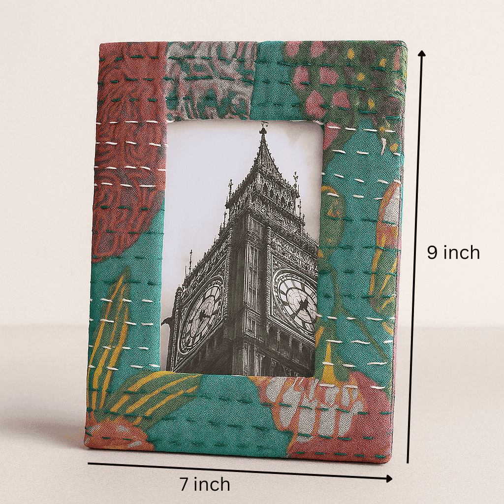 Turquoise photo frame on desk