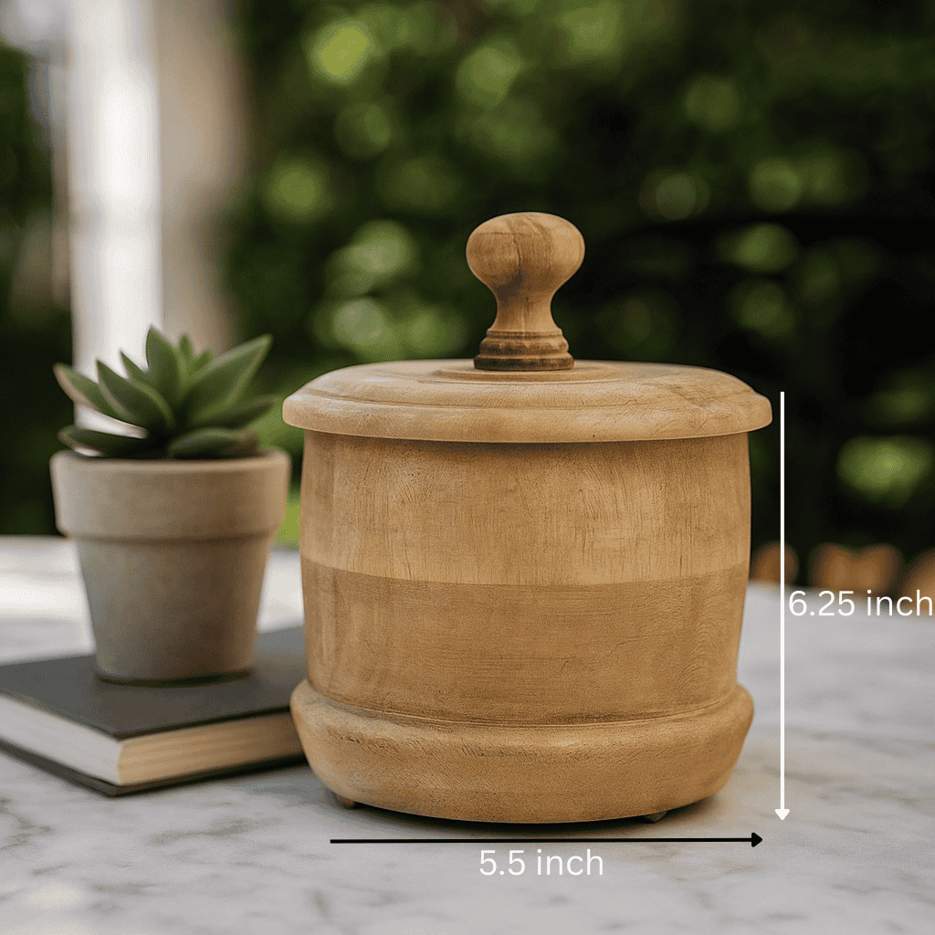 Round wooden jar side view