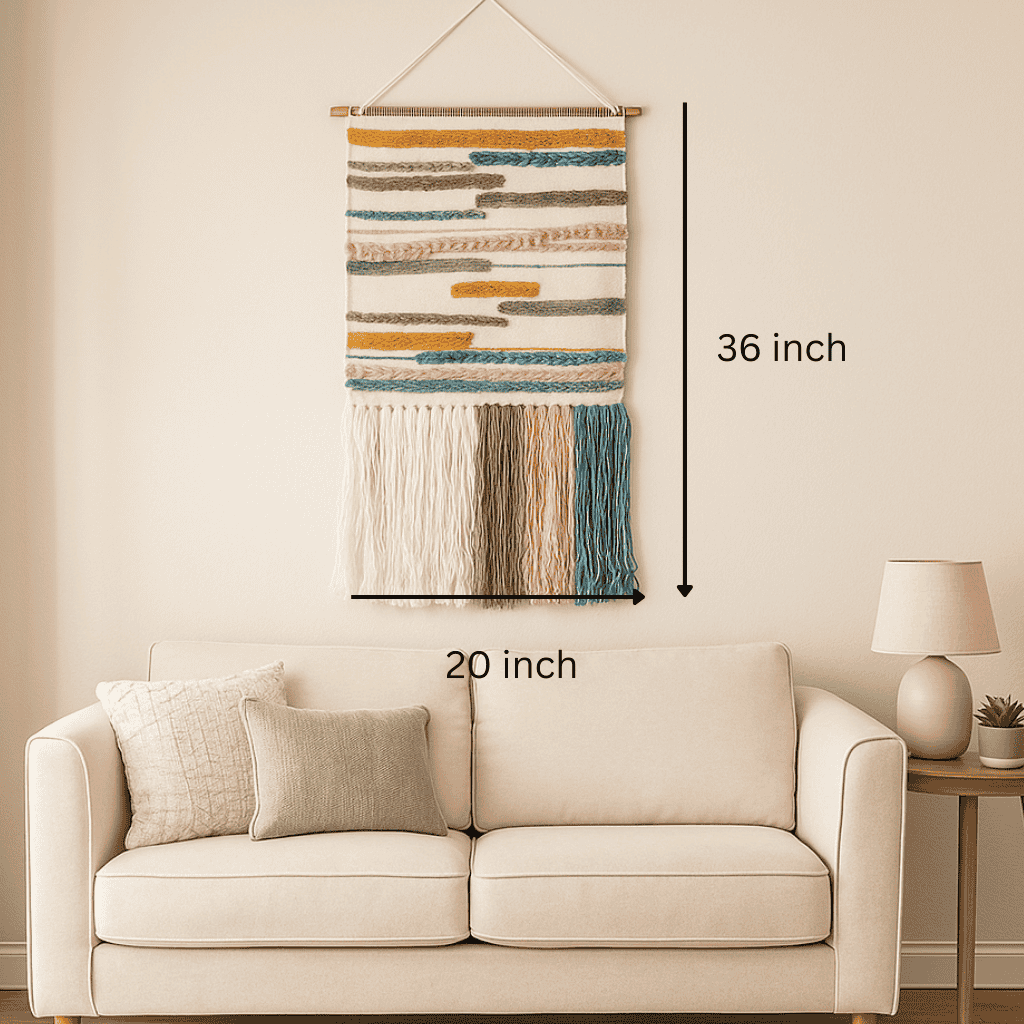 Broken lines wool wall hanging in a modern room