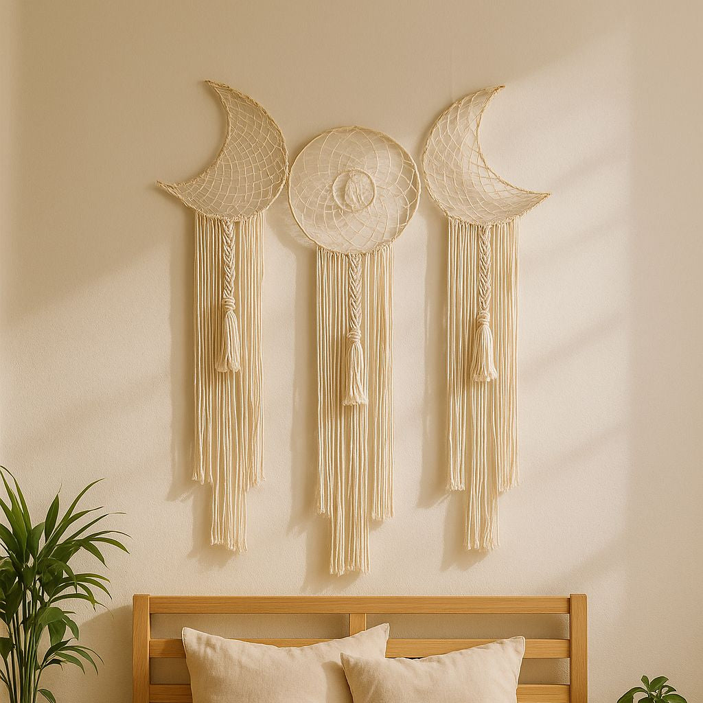 Macrame moon wall hanging close-up of knotted cotton