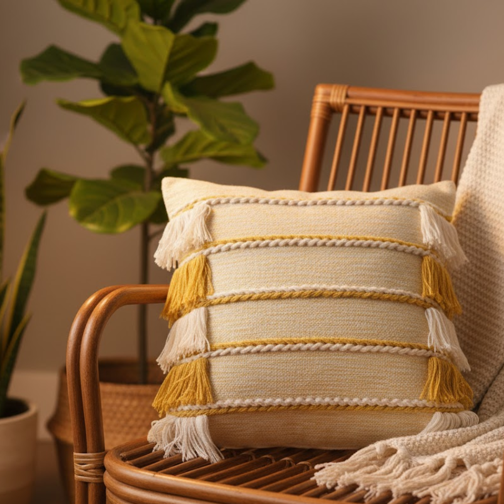 Yellow fringed cushion cover close-up of fringe