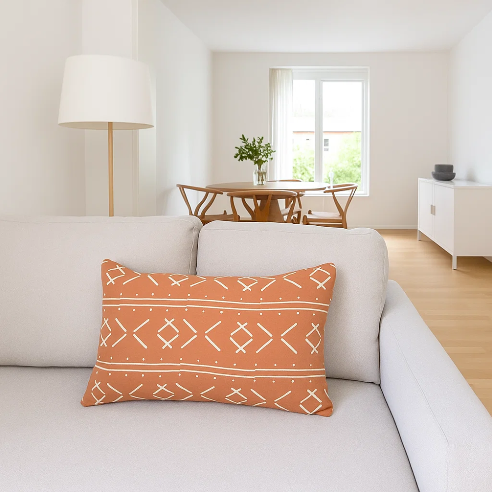 Tribal monochrome lumbar cushion cover detail of tassels