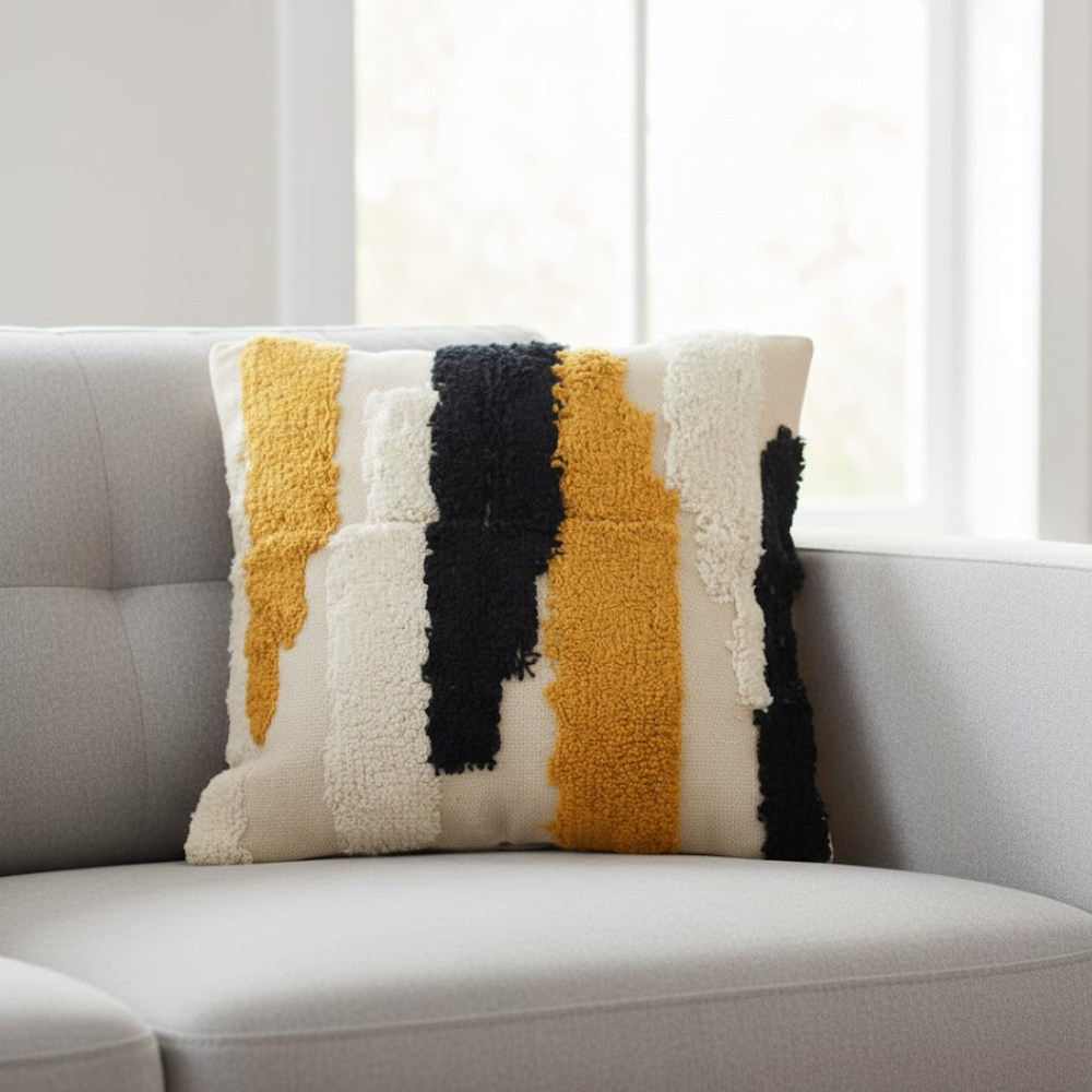 Tufted multicolor cushion cover styled on a sofa