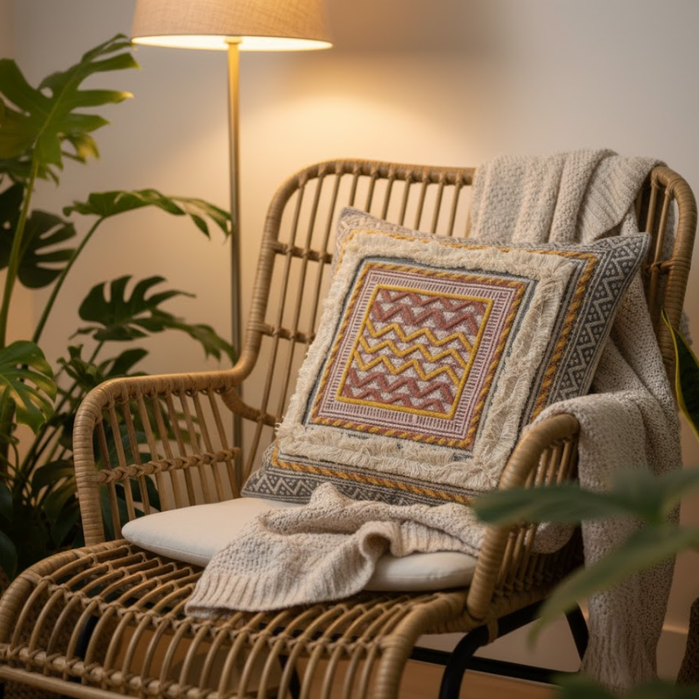 Hand block printed cushion cover front view