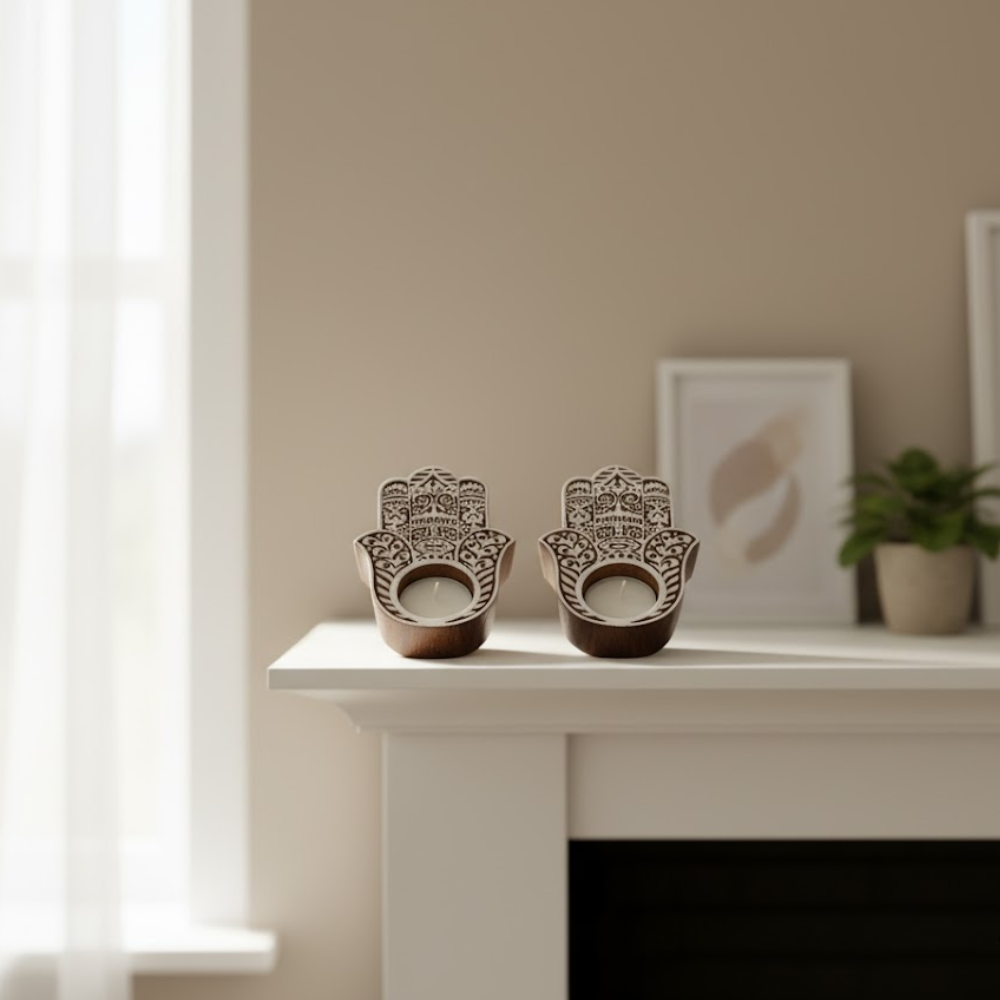 Hamsa palm tealight holders angled view showing carving