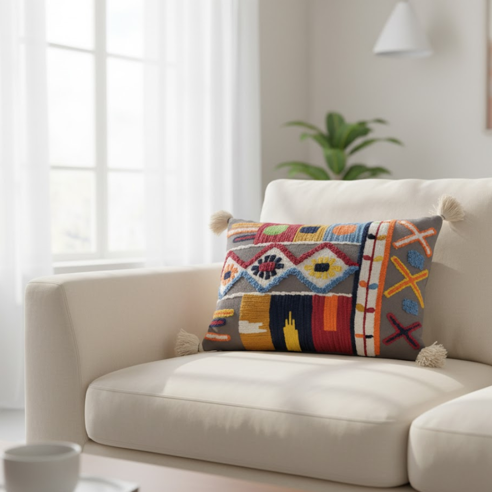 Embroidered tasseled lumbar cushion cover detail of tassels