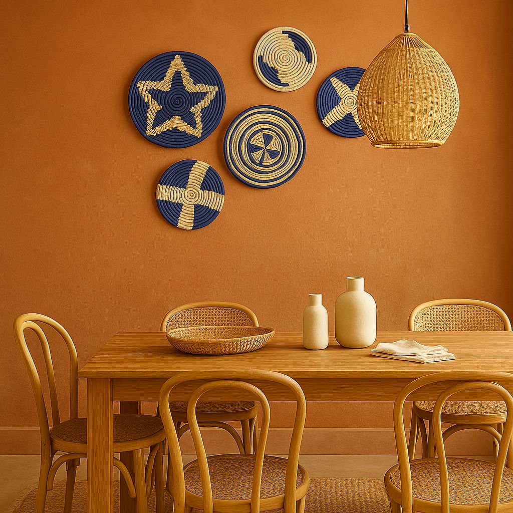 Indigo sabai grass wall plates shown at an angle