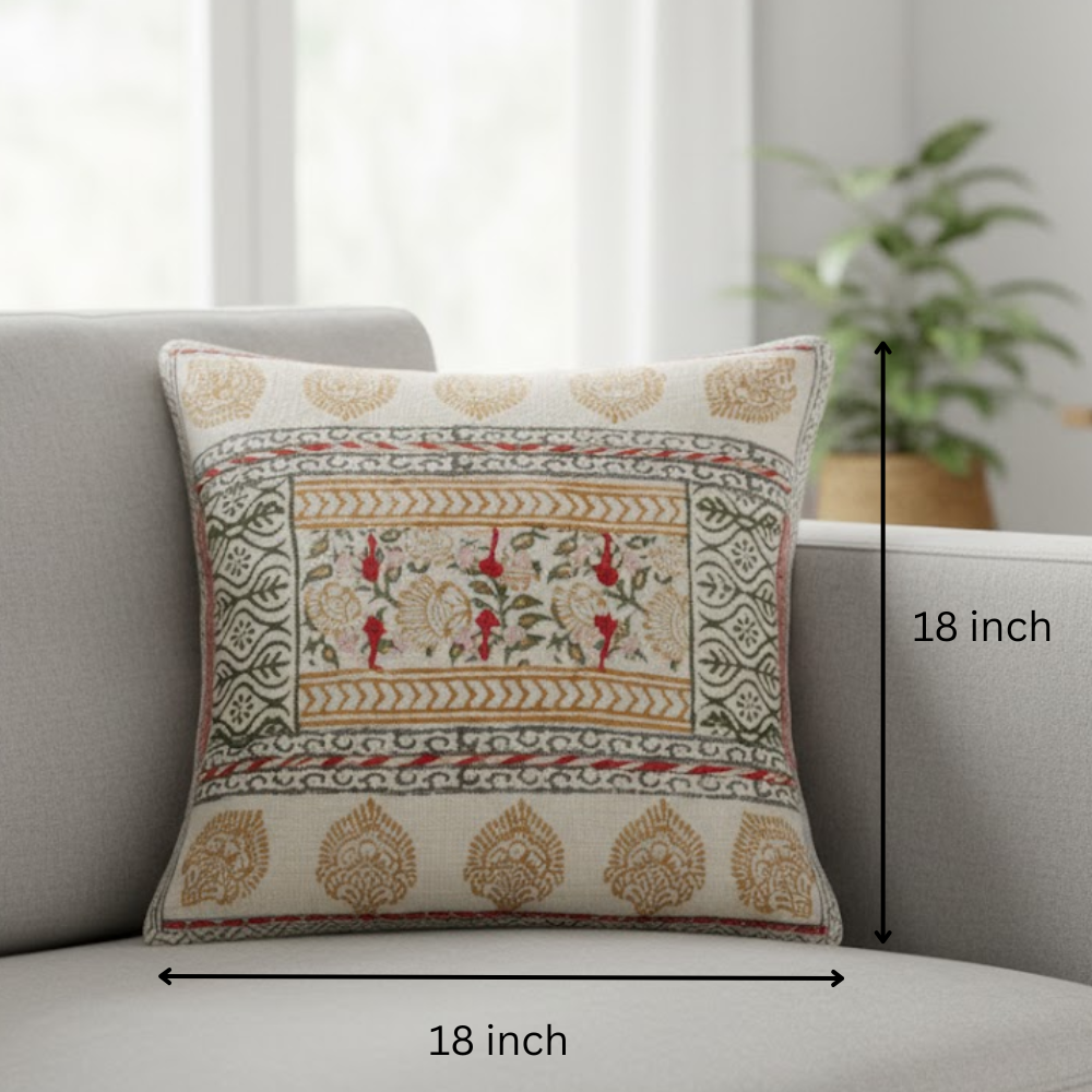 Floral cotton cushion cover styled on a sofa