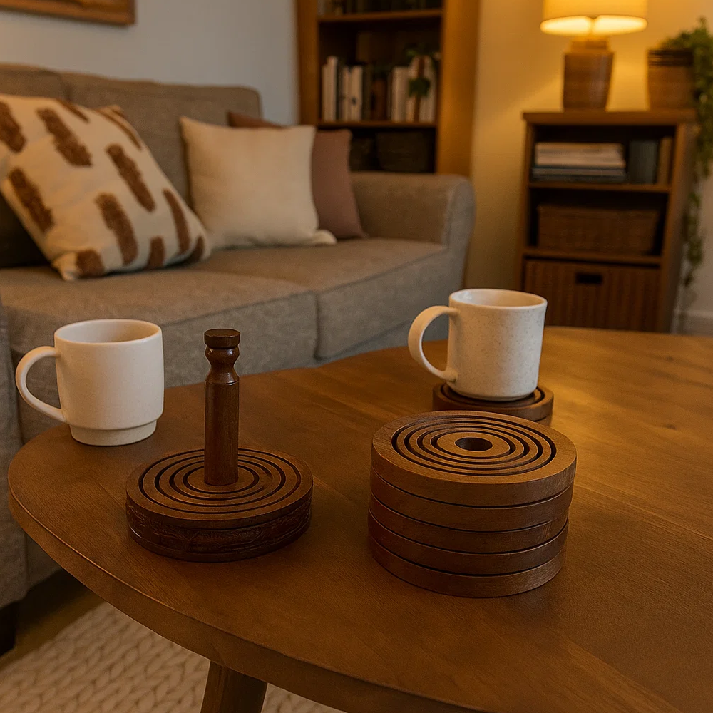 Round wooden coasters stack detail