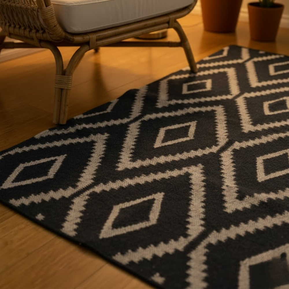 Diamond patterned jute rug styled on a floor
