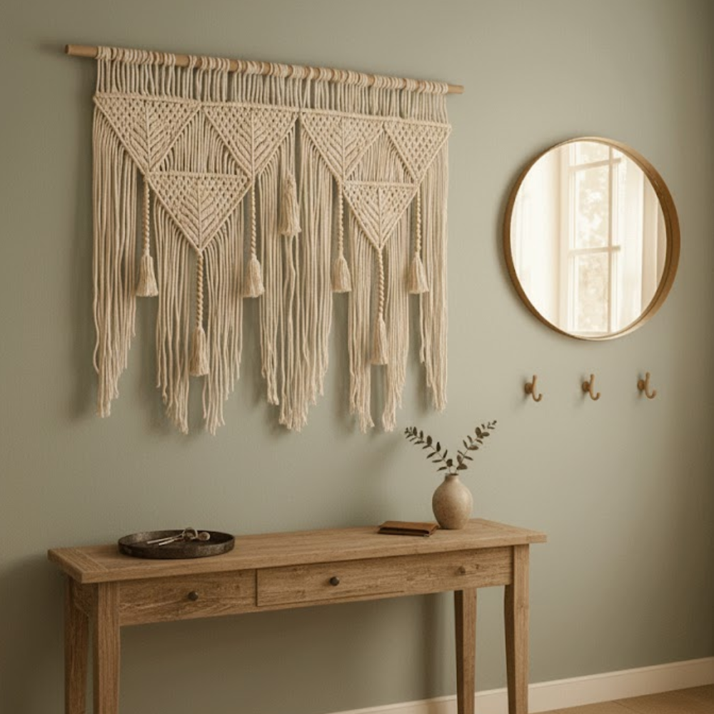 Large macrame leaf wall hanging styled above a sofa