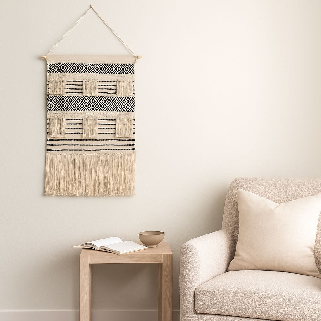 Small geometric cotton fringe wall hanging detail of combed fringe