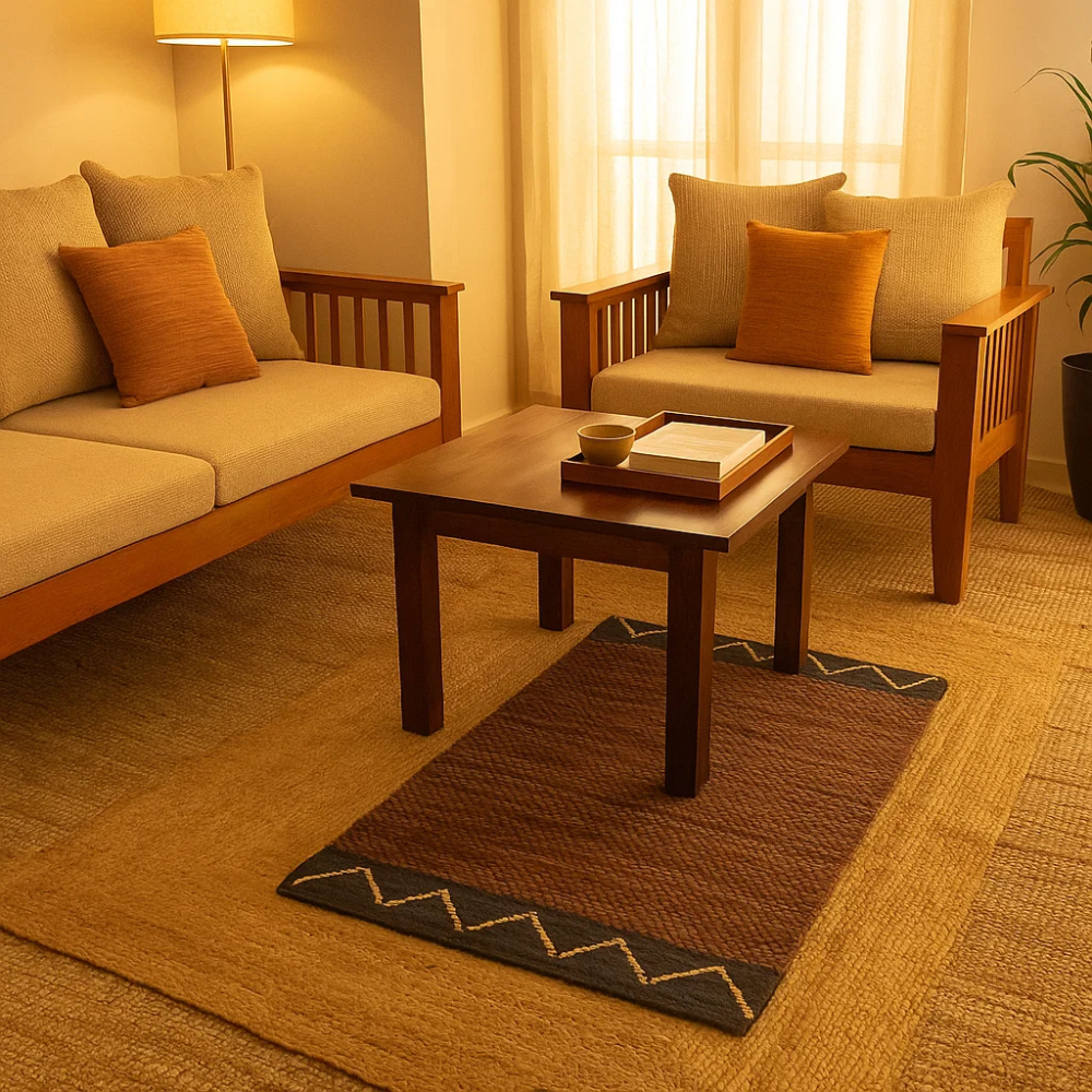 Angled view of the leather, jute and cotton rug