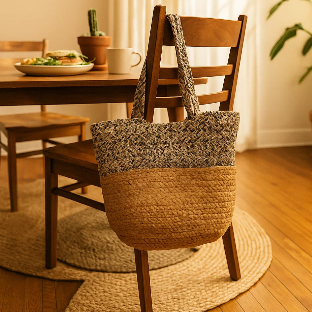 Jute cotton tote bag with shopping inside
