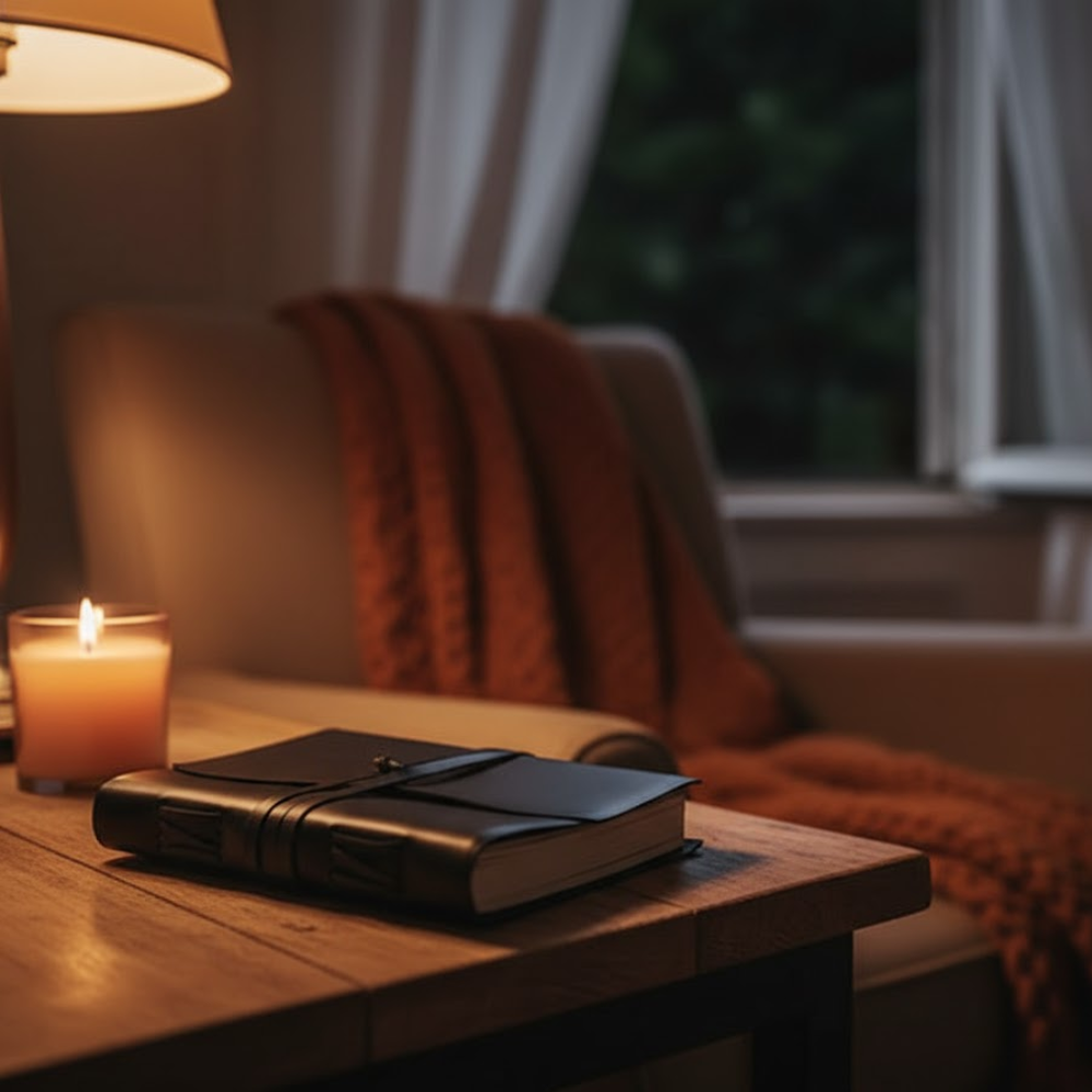 Handmade leather diary on desk