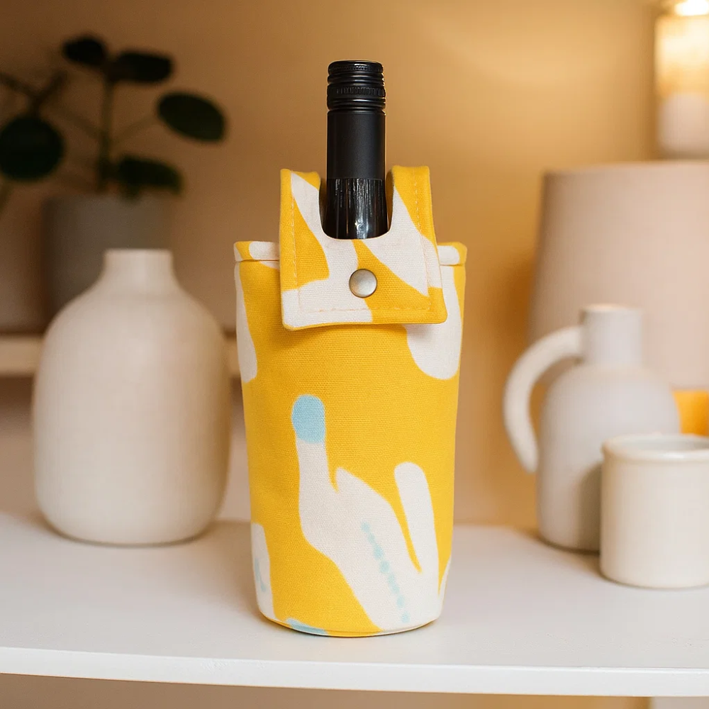 Yellow wine bag button closure detail