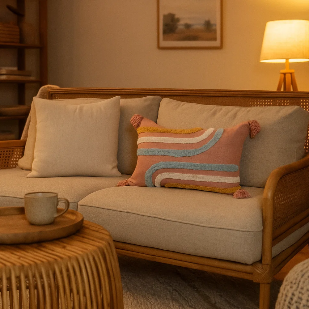 Pink woven cushion cover detail of boho accents
