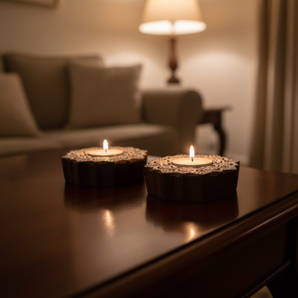 Mandala tealight holders angled view showing intricate carving
