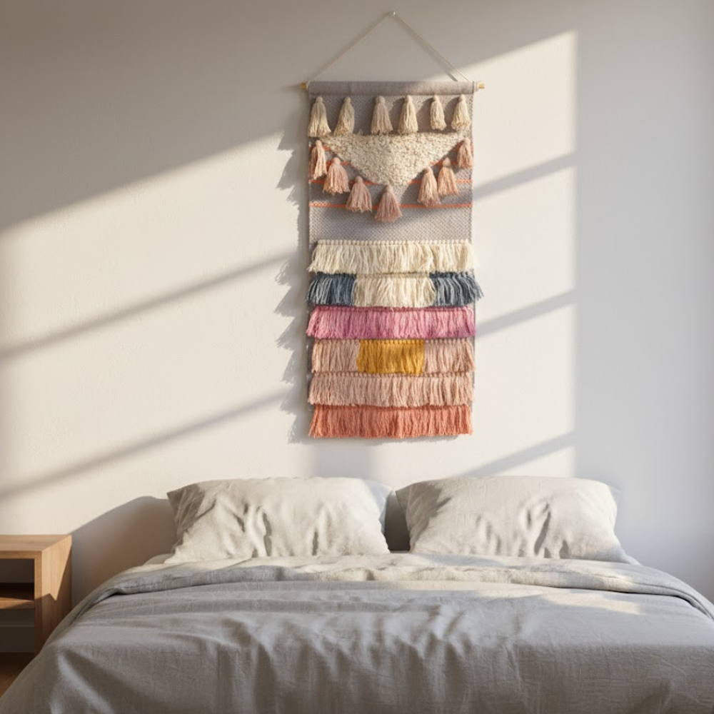 Pastel wool and cotton wall hanging close-up of weave